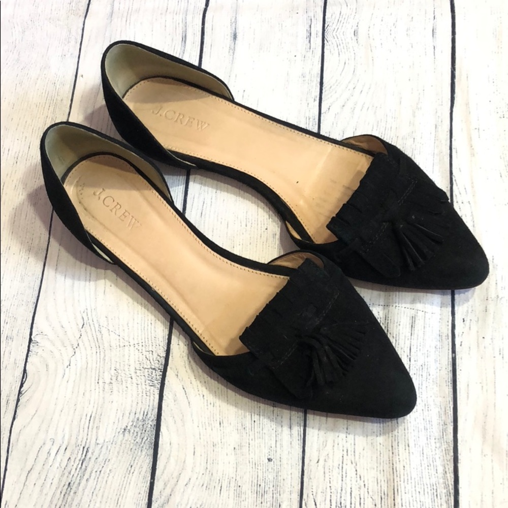 J. Crew Suede Fringe Bow D'Orsay Black Flats